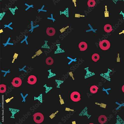 Set line Gardening handmade scissor, Automatic irrigation sprinklers, fork and hose fire hose on seamless pattern. Vector