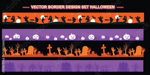 Halloween vector border design set with ghosts, pumpkins, bats, graveyard, and haunted houses. Perfect for party invitations, banners, posters, and spooky holiday decorations.