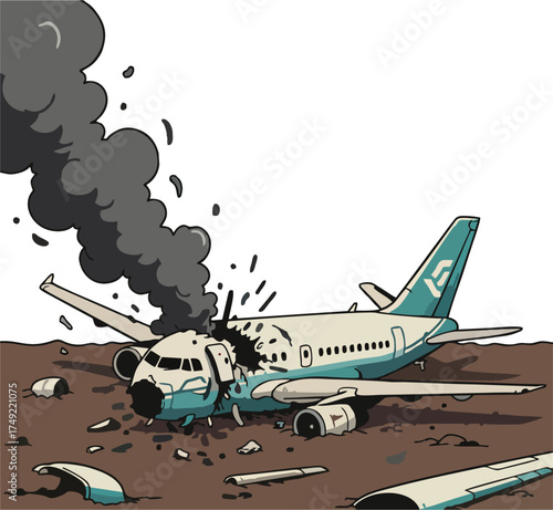 Cartoon Airplane Crash Vector Illustration with Black Smoke, Broken Fuselage, and Debris – Dramatic Plane Accident Scene