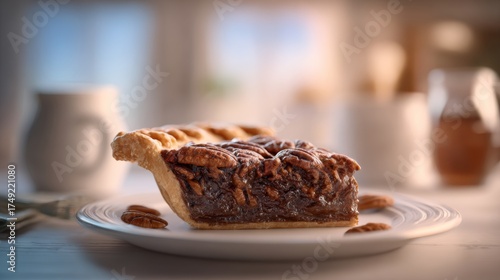 A delicious slice of pecan pie on a white plate, highlighting its rich filling and crust details, set against a soft, cozy background.