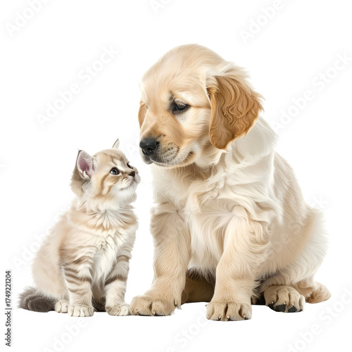 Puppy and kitten gaze at each other, light fur, against black