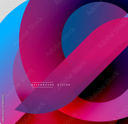 Abstract colorful shapes overlap creating dynamic gradient background. Vivid hues blend smoothly, forming modern design.