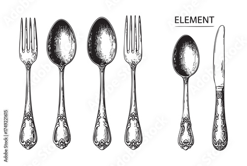 Cutlery Set, an Ornamental Collection of Vintage Forks and Spoons engraving vector illustration