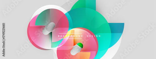 Abstract colorful shapes overlap, creating dynamic visual effect. Gradient hues blend smoothly, forming modern design element.