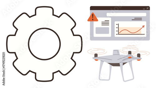 Gear shape, screen with alert and graph, and a quadcopter quadcopter suggest technological innovation, analytics, automation, robotics, industrial processes, data visualization, and smart systems