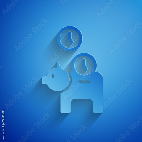 Paper cut Piggy bank with coin icon isolated on blue background. Icon saving or accumulation of money, investment. Paper art style. Vector