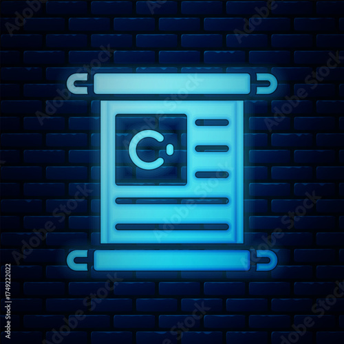 Glowing neon Holy book of Koran icon isolated on brick wall background. Muslim holiday, Eid Mubarak, Eid al-fitr, Ramadan Kareem. Vector