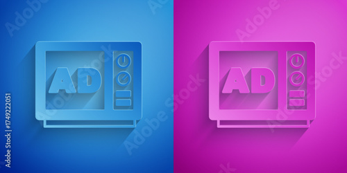 Paper cut Advertising icon isolated on blue and purple background. Concept of marketing and promotion process. Responsive ads. Social media advertising. Paper art style. Vector