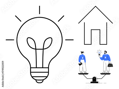 Light bulb symbolizing ideas, smart home outline, two individuals exchanging ideas. Ideal for technology, innovation, creativity, teamwork, smart living, entrepreneurship problem-solving simple