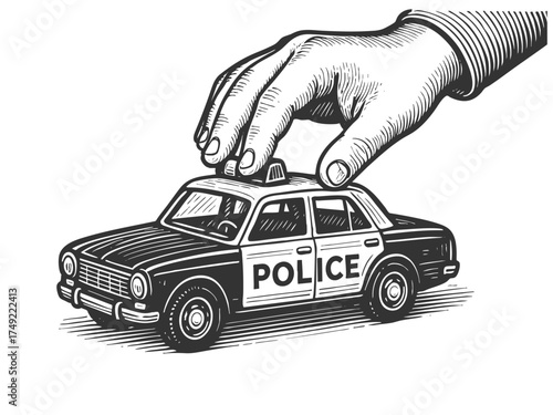 Child hand playing with police car toy, symbolizing control, authority, or childhood imagination sketch engraving generative ai vector illustration. Scratch board imitation. Black and white image.
