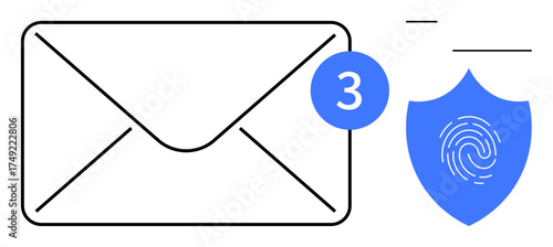 Envelope with notification badge showing three new messages. Shield with fingerprint for security. Ideal for email, messaging, notification, privacy, cybersecurity, digital communication, modern