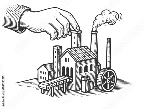 hand manipulating an industrial factory with smokestacks sketch engraving generative ai fictional character vector illustration. Scratch board imitation. Black and white image.