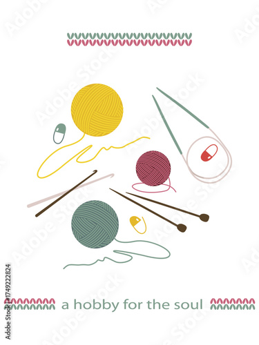 Colorful Yarn Balls and Knitting Tools Vector Illustration