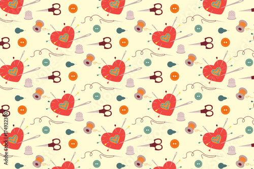 Sewing Tools Vector Pattern with Heart-Shaped Pin Cushions