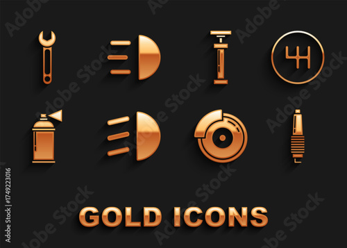 Set High beam, Gear shifter, Car spark plug, brake disk with caliper, Paint spray can, , Wrench and icon. Vector