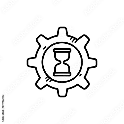 Outline Icon of Hourglass Inside a Cogwheel Representing Time Management and Workflow Efficiency On A White Background