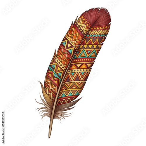 Detailed feather illustration with tribal pattern isolated on transparent background