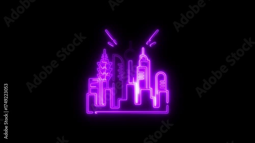 Neon purple abstract cityscape skyline silhouette glowing on black background futuristic urban
