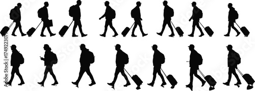 Traveler walking with luggage, silhouette of man journey, airport passenger motion, business travel, adventure tourism concept, black and white designTraveler walking with luggage, silhouette of 