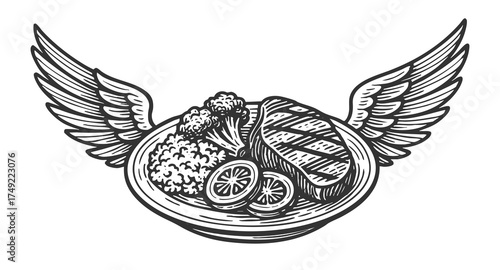 plate with grilled steak, vegetables, and lemon slices with wings, symbolizing gourmet food, delivery, or freedom sketch engraving generative ai vector illustration. Scratch board. Black and white.