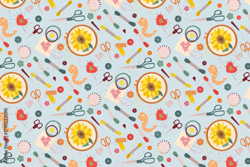 Sewing Tools and Embroidery Patterns Vector Illustration