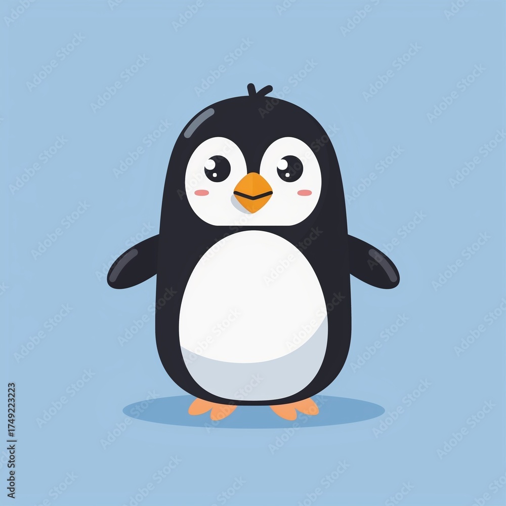 Fototapeta premium Cute flat vector icon of a penguin character on a blue background with white outline