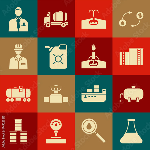 Set Oil petrol test tube, industrial factory building, Oilfield, Canister for motor oil, Oilman, Businessman stock market trader and rig with fire icon. Vector