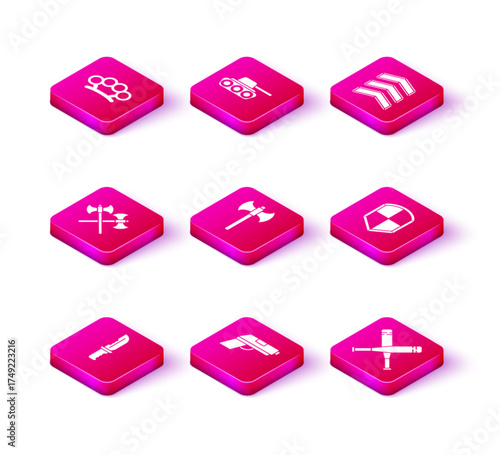 Set Military knife, Pistol or gun, Crossed medieval axes, Medieval, baseball bat, Shield, rank and tank icon. Vector