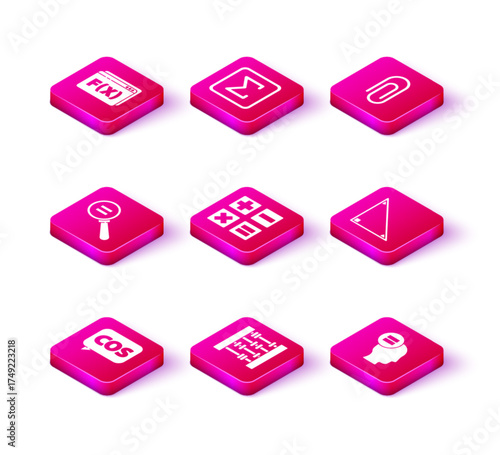 Set Mathematics function cosine, Abacus, Calculation, Calculator, Triangle math, Paper clip and Sigma symbol icon. Vector
