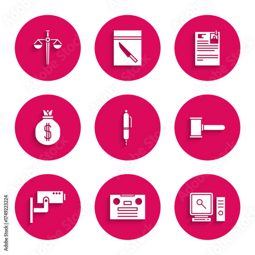 Set Pen, Retro audio cassette tape, Search on computer screen, Judge gavel, Security camera, Money bag, Lawsuit paper and Scales of justice icon. Vector