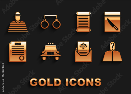 Set Police car and flasher, Evidence bag knife, Anonymous with question mark, Subpoena, The arrest warrant, Decree, paper, parchment, scroll, Prisoner and Handcuffs icon. Vector