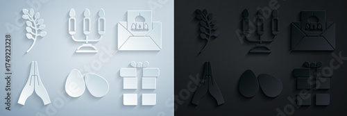Set Easter eggs, Greeting card with Happy, Hands praying position, Gift box, Candelabrum candlesticks and Willow leaf icon. Vector