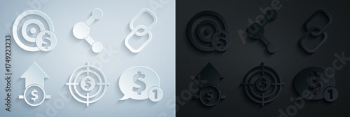 Set Target with dollar, Chain link, Financial growth and coin, Speech bubble, Share and symbol icon. Vector