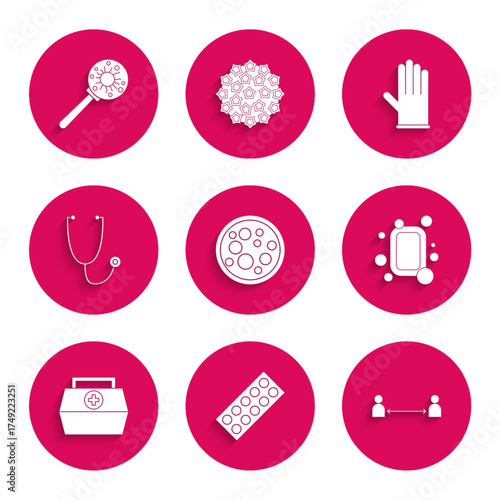 Set Virus, Pills in blister pack, Safe distance, Bar of soap, First aid kit, Stethoscope, Medical rubber gloves and under magnifying glass icon. Vector
