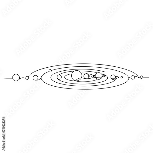 Vector line art of the solar system with orbit paths and planets in elegant minimalist style, educational scientific illustration ideal for posters or infographics.