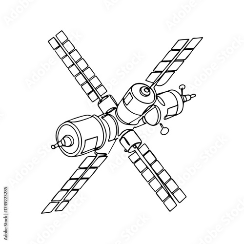 Vector line art of a detailed orbital space station with solar panels and communication modules, realistic scientific illustration for astronomy and technology themes.