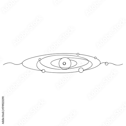 Vector line art of simplified solar system model with elliptical orbits and round planets, minimal astronomy drawing for educational, scientific and cosmic designs.