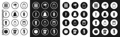Set Cutting board, Bag of coffee beans, Knife, Gas stove, Bread loaf, Electric mixer, Oven and Blender icon. Vector