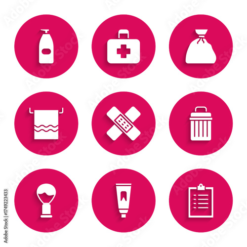Set Crossed bandage plaster, Tube of toothpaste, Clipboard with checklist, Trash can, Shaving brush, Towel on hanger, Garbage bag and Bottle liquid antibacterial soap icon. Vector
