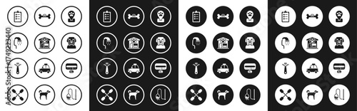 Set Location pet grooming, Pet, shower, Grooming salon price list, Dog, bone, Collar with name tag and Hair brush for dog and icon. Vector