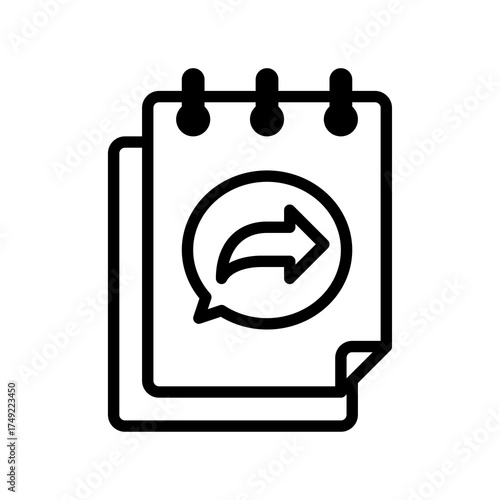 Outline Icon of a Note Pad with a Speech Bubble and a Forward Arrow Symbol on a Transparent Background Representing Notifications or Actions