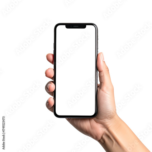 Hand holding a smartphone, blank screen, ready for app or message display