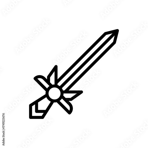 Outline Icon of a Stylized Sword with a Starburst Hilt on a Transparent Background