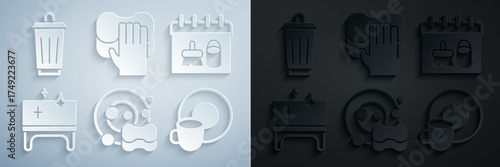 Set Washing dishes, Cleaning calendar, table, service and Trash can icon. Vector