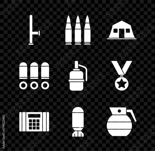 Set Police rubber baton, Bullet, Military barracks, Dynamite bomb, Aviation, Hand grenade, and icon. Vector