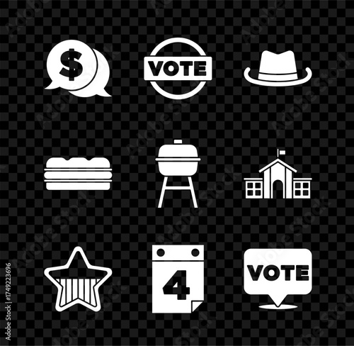 Set Coin money with dollar, Vote, Western cowboy hat, USA Independence day, Calendar date July 4, Sandwich and Barbecue grill icon. Vector