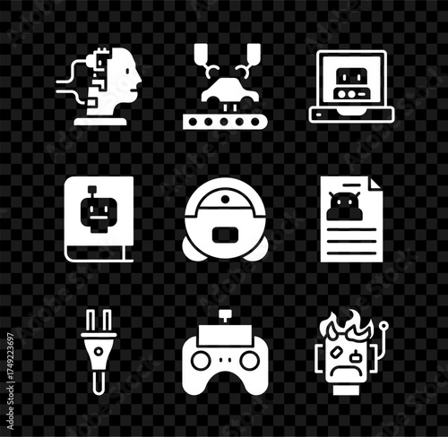 Set Robot for maintenance, Robotic robot arm on factory, Creating, Electric plug, Remote control, burned out, User manual and vacuum cleaner icon. Vector