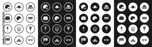 Set Vote box, Baseball helmet, Burger, American football, Carnival garland with flags, Western cowboy hat, Balloons and Indian feather icon. Vector