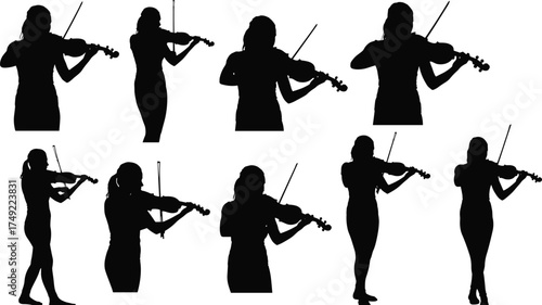 Woman playing violin silhouette illustration, elegant musician performing on stage, classical music concept art, musical performance, artistic inspiration, harmony