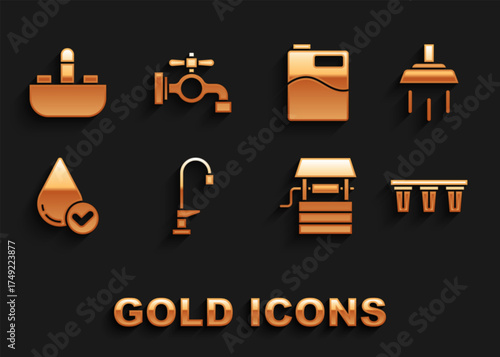 Set Water tap, Shower, filter, Well with bucket, drop, Big bottle clean water, Washbasin and icon. Vector